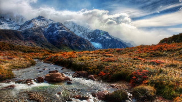 Lush valley stream mountains cloudy free wallpaper - medium preview image