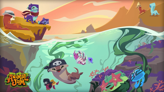 Cartoon man swimming ocean animals free wallpaper - medium preview image