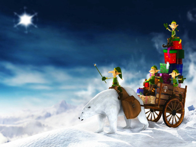 Polar bear pulling presents snowy free wallpaper - medium preview image