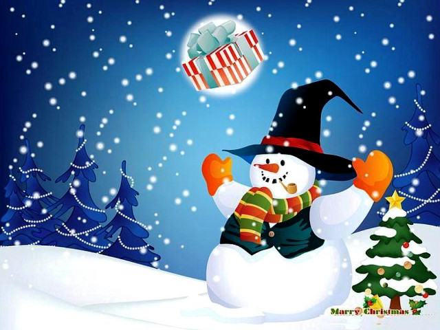 Snowman giftbox snow christmastree foreground free wallpaper - medium preview image