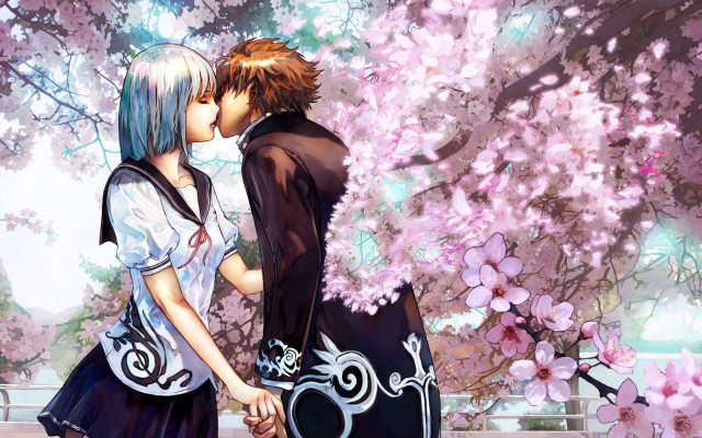 Couple kissing tree pink flowers free wallpaper - medium preview image