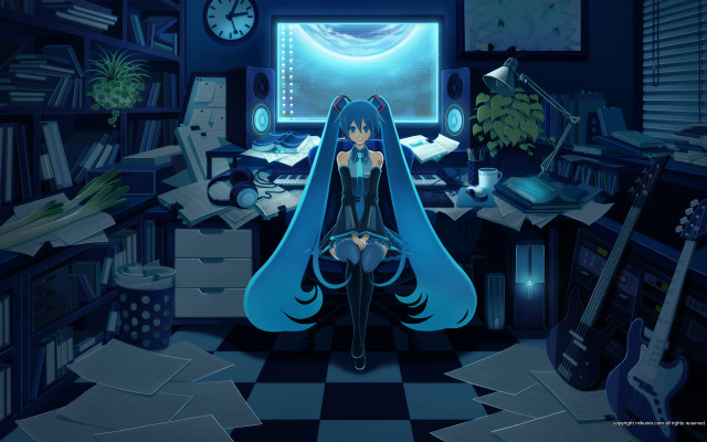 Girl sitting room computer guitar free wallpaper - medium preview image