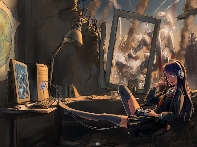 Woman sitting chair headphones laptop free wallpaper - medium preview image
