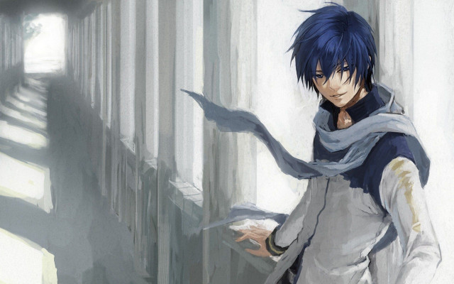 Man blue hair scarf hallway #2 free wallpaper - medium preview image