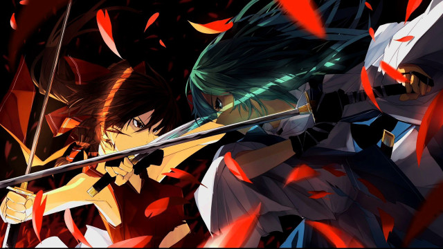 Anime characters swords red feathers free wallpaper - medium preview image