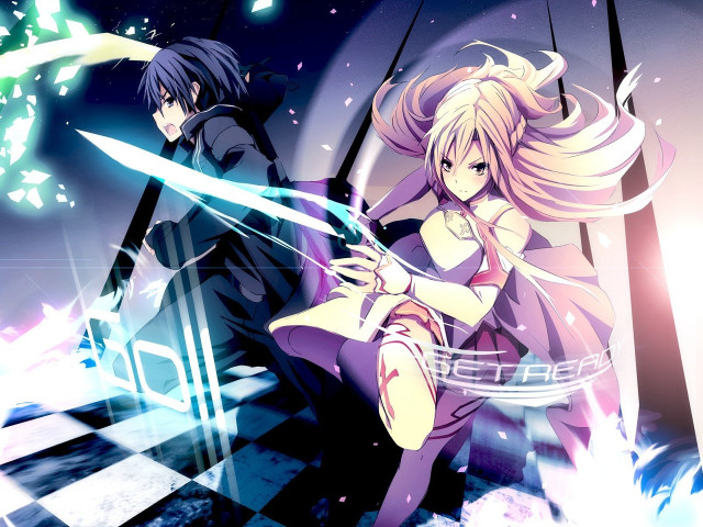 Anime characters sitting checkered floor free wallpaper - medium preview image