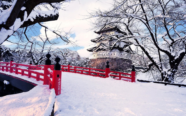 Red bridge snow building trees free wallpaper - medium preview image