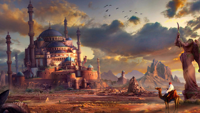 Castle camel man horse painting free wallpaper - medium preview image