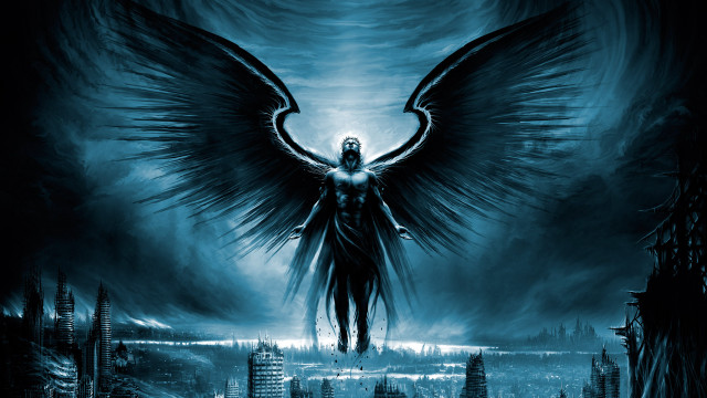 Man large wings city night free wallpaper - medium preview image