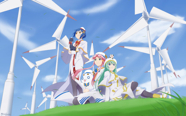 Anime characters hill windmills clouds free wallpaper - medium preview image