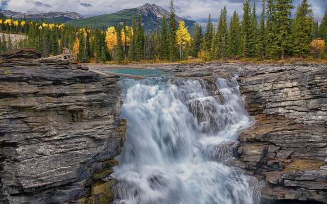 Waterfall bridge trees mountains nature free wallpaper - medium preview image