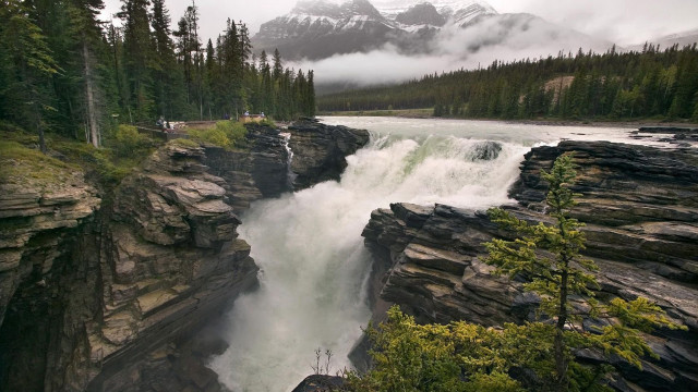 Waterfall man forest mountains fog free wallpaper - medium preview image