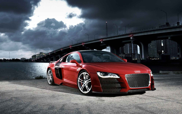 Red car parked bridge cloudy #2 free wallpaper - medium preview image