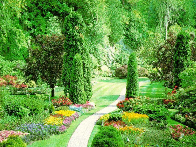 Garden path flowers trees bench free wallpaper - medium preview image