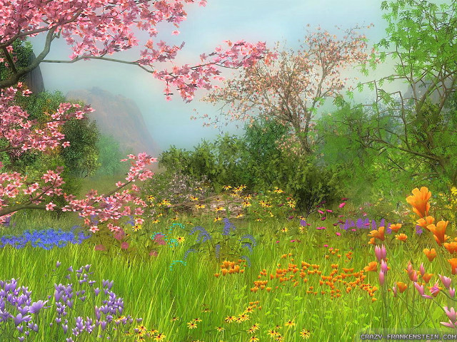 Field flowers trees mountain blue free wallpaper - medium preview image