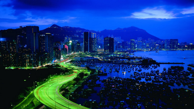 City skyline highway water night free wallpaper - medium preview image