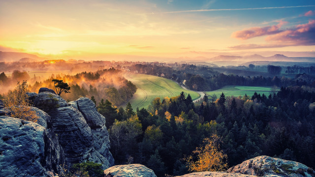 Scenic valley mountains sunset tree free wallpaper - medium preview image