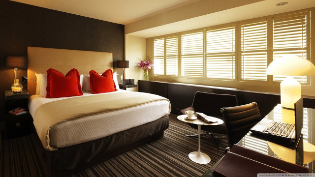 Bed bedroom desk laptop lamp free wallpaper - medium preview image