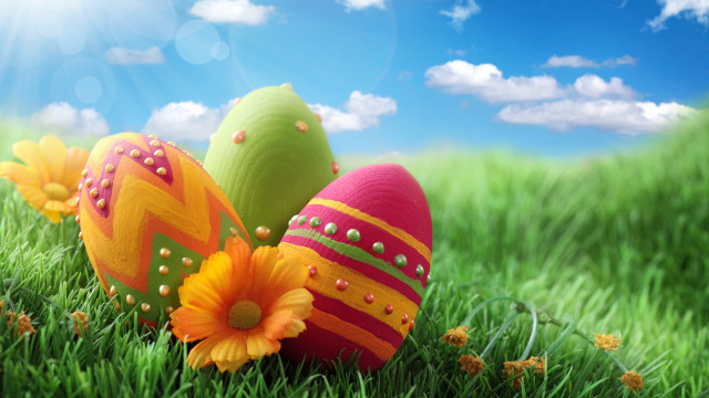Three decorated eggs grass flowers free wallpaper - medium preview image
