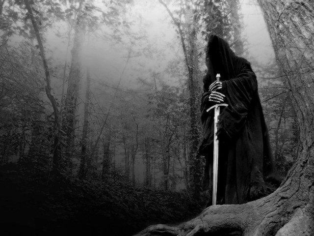 Grim hooded figure forest sword free wallpaper - medium preview image