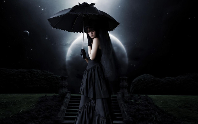Woman black dress umbrella moon free wallpaper - medium preview image