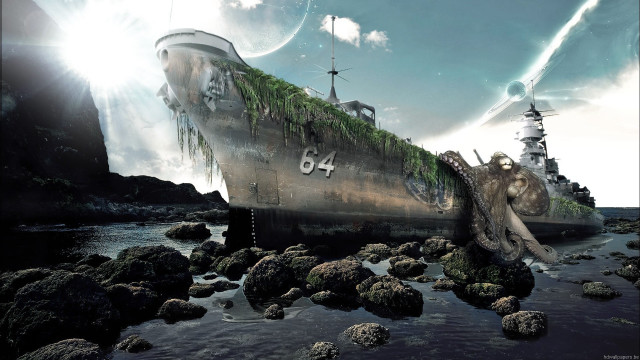 Ship moss water rocks mountain free wallpaper - medium preview image
