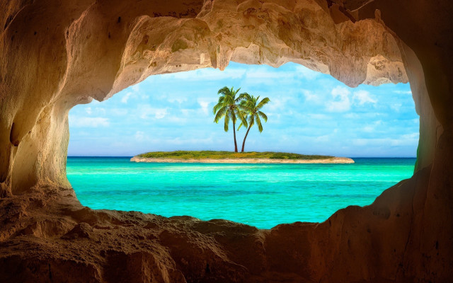 Tropical island cave view palm free wallpaper - medium preview image