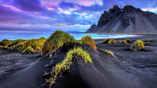 Beach mountain water grass sand free wallpaper - medium preview image