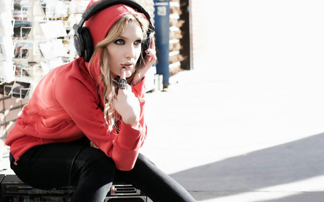 Woman sitting box headphones red free wallpaper - medium preview image