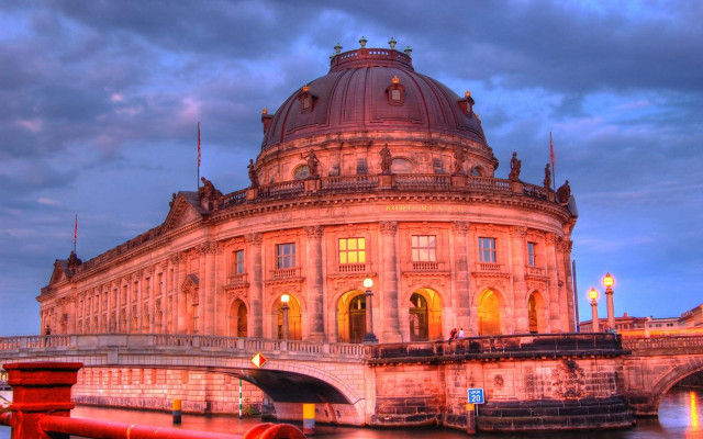 Large building bridge red railing free wallpaper - medium preview image