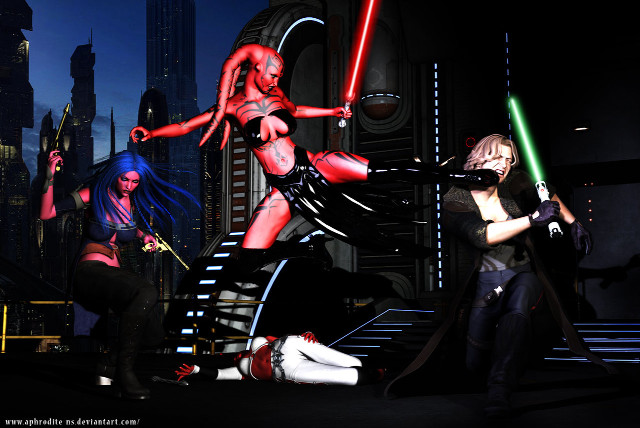 Women costumes lightsabers city nighttime free wallpaper - medium preview image