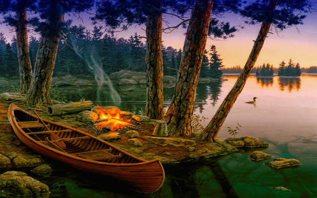 Canoe lake campfire man shore free wallpaper - medium preview image