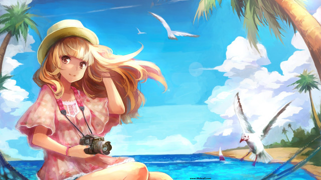 Girl beach camera bird flying free wallpaper - medium preview image