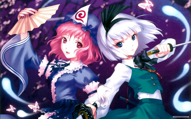 Anime characters umbrellas purple background free wallpaper - medium preview image