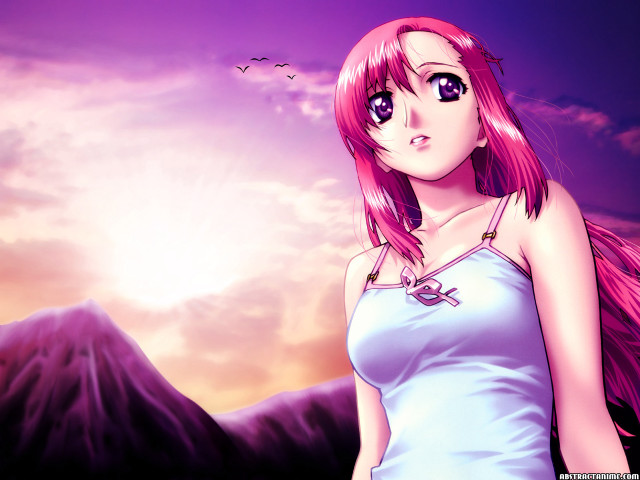 Pink hair blue dress mountain free wallpaper - medium preview image