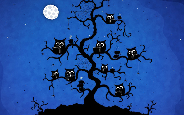 Tree owls moon background blue free wallpaper - medium preview image