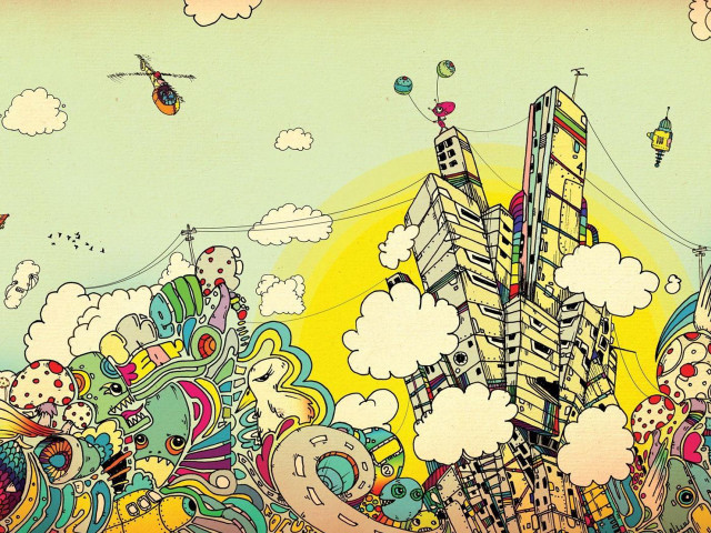 City clouds buildings skyline kite free wallpaper - medium preview image