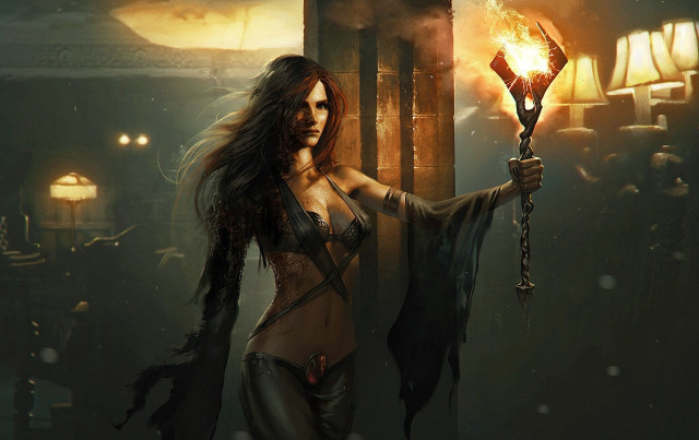 Woman holding torch dark room free wallpaper - medium preview image