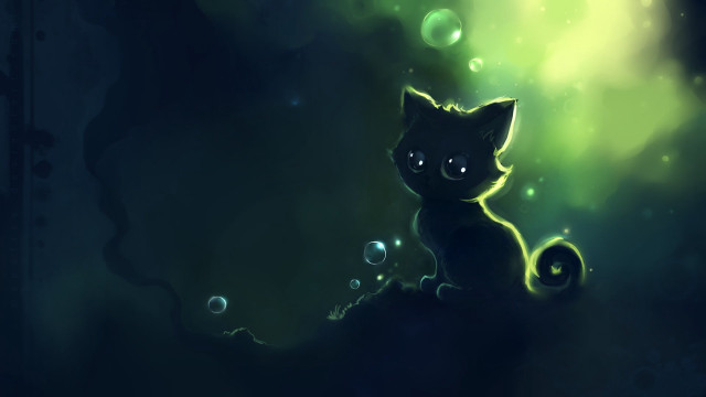 Black cat green light bubbles free wallpaper - medium preview image