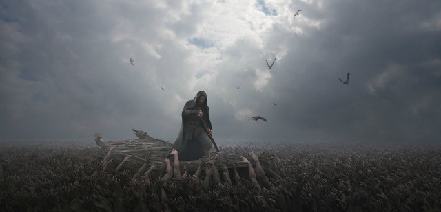 Woman field birds flying clouds free wallpaper - medium preview image