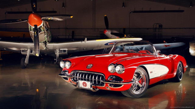 Red car hangar plane propeller free wallpaper - medium preview image