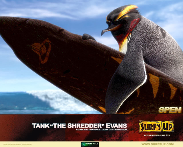 Penguin surfboard water sky caption free wallpaper - medium preview image