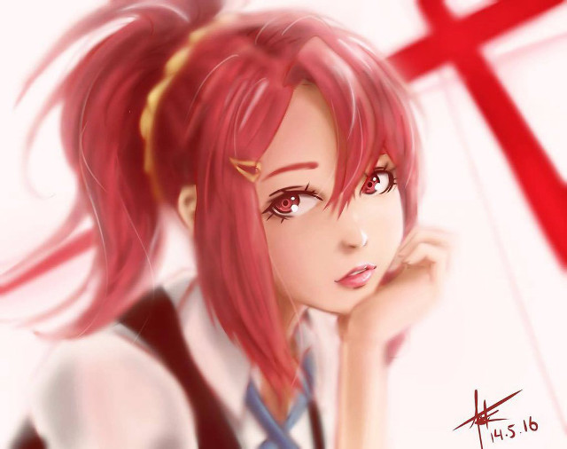 Girl red hair cross serious free wallpaper - medium preview image