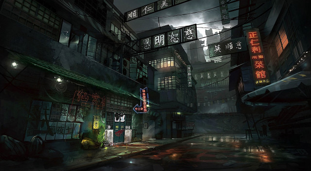 Dark alley neon sign hanging free wallpaper - medium preview image