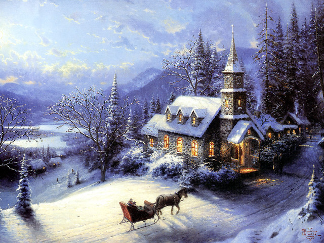 Church horse drawn carriage snowy free wallpaper - medium preview image