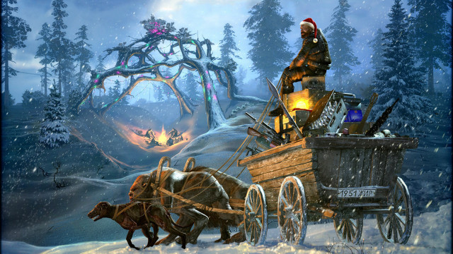 Snowy forest carriage fire aurora free wallpaper - medium preview image