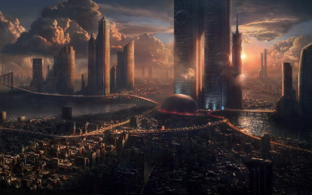 Futuristic city bridge sunset large free wallpaper - medium preview image