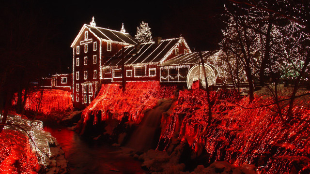 Christmas lights house forest waterfall free wallpaper - medium preview image