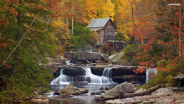 Small waterfall forest wooden building #2 free wallpaper - medium preview image