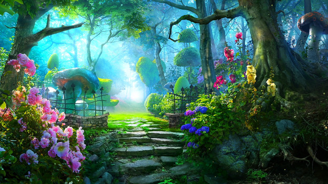 Forest pathway floral gate stone free wallpaper - medium preview image